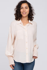 Beige Button Up Smocked Sleeve Maternity Top