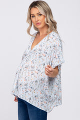 Light Blue Floral V-Neck Dolman Sleeve Maternity Top