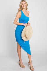 Blue One Shoulder Ruched Asymmetrical Hem Dress