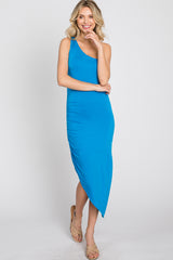 Blue One Shoulder Ruched Asymmetrical Hem Dress