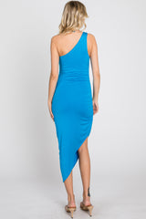 Blue One Shoulder Ruched Asymmetrical Hem Dress