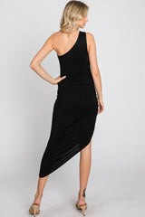 Black One Shoulder Ruched Asymmetrical Hem Dress