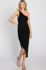 Black One Shoulder Ruched Asymmetrical Hem Dress