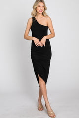 Black One Shoulder Ruched Asymmetrical Hem Dress