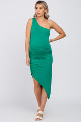 Green One Shoulder Ruched Asymmetrical Hem Maternity Dress