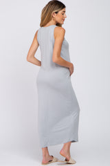 Grey Solid Sleeveless Maternity Midi Dress