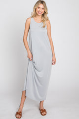 Grey Solid Sleeveless Maternity Midi Dress