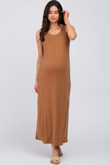 Camel Solid Sleeveless Maternity Midi Dress