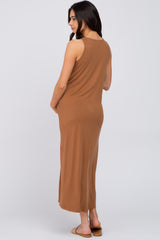 Camel Solid Sleeveless Maternity Midi Dress