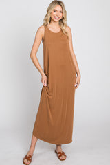 Camel Solid Sleeveless Midi Dress