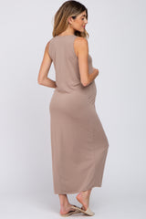 Taupe Solid Sleeveless Maternity Midi Dress