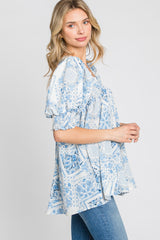 Blue Paisley Print Puff Sleeve Top