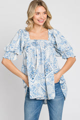 Blue Paisley Print Puff Sleeve Top