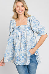 Blue Paisley Print Puff Sleeve Top