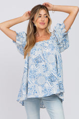 Blue Paisley Print Puff Sleeve Maternity Top