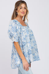 Blue Paisley Print Puff Sleeve Maternity Top