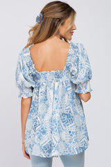 Blue Paisley Print Puff Sleeve Maternity Top