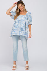 Blue Paisley Print Puff Sleeve Maternity Top