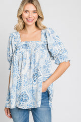 Blue Paisley Print Puff Sleeve Maternity Top