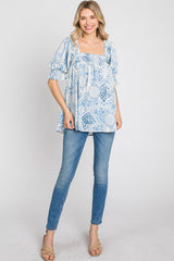 Blue Paisley Print Puff Sleeve Top