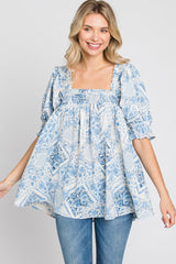 Blue Paisley Print Puff Sleeve Top