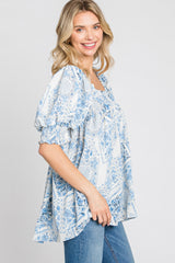 Blue Paisley Print Puff Sleeve Top