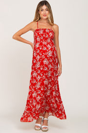 Red Floral Sleeveless Tiered Maternity Maxi Dress