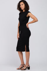 Black Fitted Side Slit Midi Dress