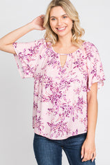 Pink Floral Keyhole Front Short Sleeve Top