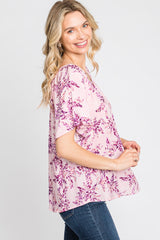 Pink Floral Keyhole Front Short Sleeve Top