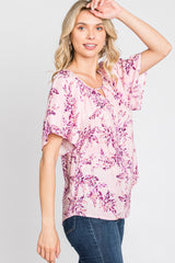 Pink Floral Keyhole Front Short Sleeve Top