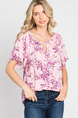 Pink Floral Keyhole Front Short Sleeve Top