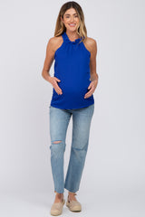 Royal Blue Ruffle Mock Neck Sleeveless Maternity Top