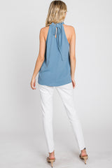 Blue Ruffle Mock Neck Sleeveless Top