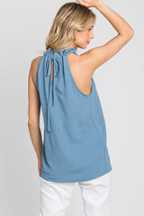 Blue Ruffle Mock Neck Sleeveless Top