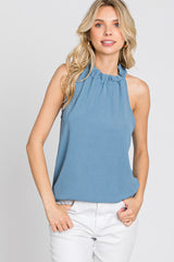 Blue Ruffle Mock Neck Sleeveless Top