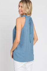 Blue Ruffle Mock Neck Sleeveless Top