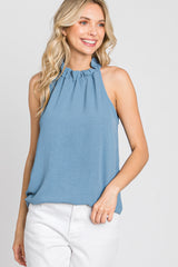 Blue Ruffle Mock Neck Sleeveless Top