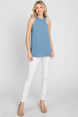 Blue Ruffle Mock Neck Sleeveless Top