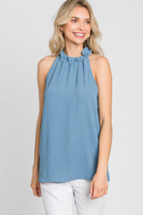 Blue Ruffle Mock Neck Sleeveless Top