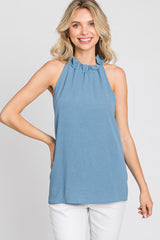 Blue Ruffle Mock Neck Sleeveless Top