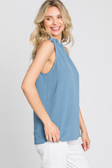 Blue Ruffle Mock Neck Sleeveless Top