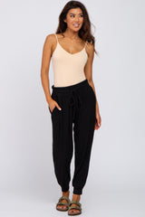 Black Brushed Ribbed High Waisted Drawstring Joggers