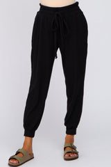 Black Brushed Ribbed High Waisted Drawstring Joggers