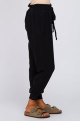 Black Brushed Ribbed High Waisted Drawstring Joggers