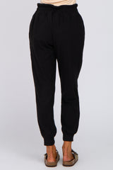 Black Brushed Ribbed High Waisted Drawstring Joggers