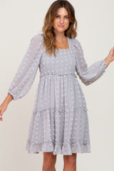 Light Grey Swiss Dot Long Sleeve Dress