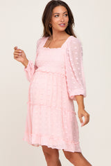 Light Pink Swiss Dot Long Sleeve Maternity Dress