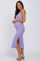 Lavender Ribbed Racerback Side Slit Maternity Midi Dress