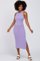 Lavender Ribbed Racerback Side Slit Maternity Midi Dress